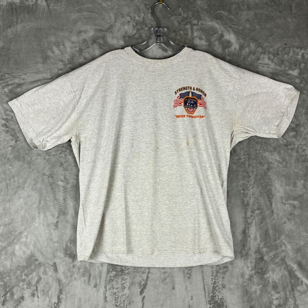 VTG FDNY September 11 2001 Never Forgotten T-Shirt Heather Gray Mens XL Graphic